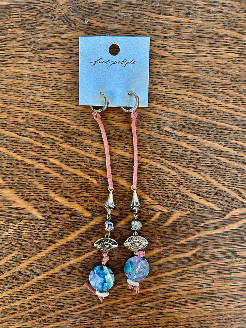 Free People Pink Cord Shell Disc Drop Earrings with Silver Charms